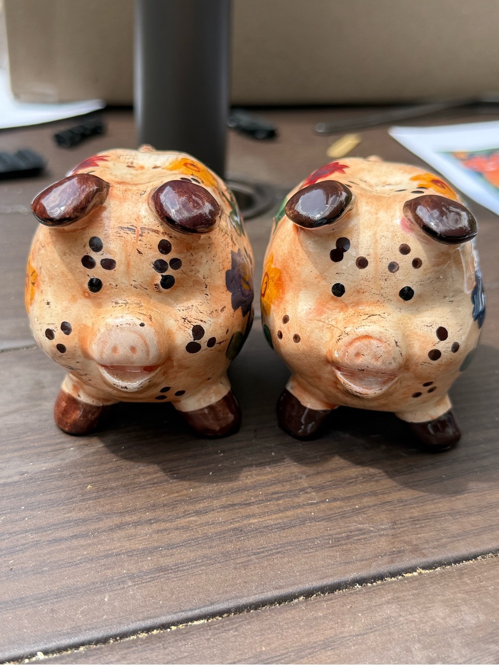 Hand-Painted Pig Salt & Pepper Shakers - Cream with Brown & Floral vintage mcm